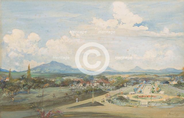 Thamrin Square in Semarang with the volcanoes Sindoro and Soembing in the background, 1930. Creator: Frans Bakker.