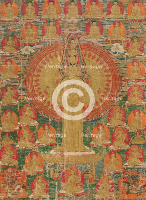Thangka of the thousand-armed Avalokitesvara, 18th century. Creator: Tibetan culture.