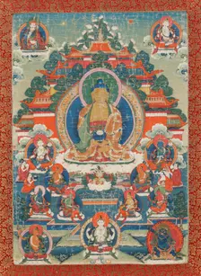 Thangka of Amitabha in the pure land of Sukhavati, 19th century. Creator: Tibetan Culture