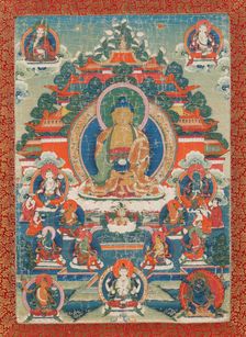 Thangka of Amitabha in the pure land of Sukhavati, 19th century. Creator: Tibetan Culture