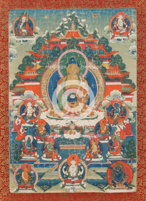 Thangka of Amitabha in the pure land of Sukhavati, 19th century. Creator: Tibetan Culture.