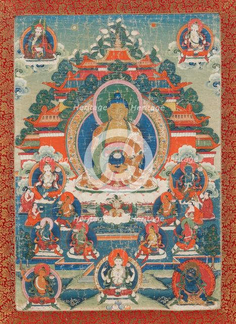 Thangka of Amitabha in the pure land of Sukhavati, 19th century. Creator: Tibetan Culture.