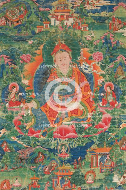 Thangka of Padmasambhava with scenes from his life, Early 19th cen.. Creator: Tibetan culture.