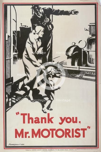 'Thank You Mr Motorist', London County Council (LCC) Tramways poster, 1932. Artist: JS Anderson