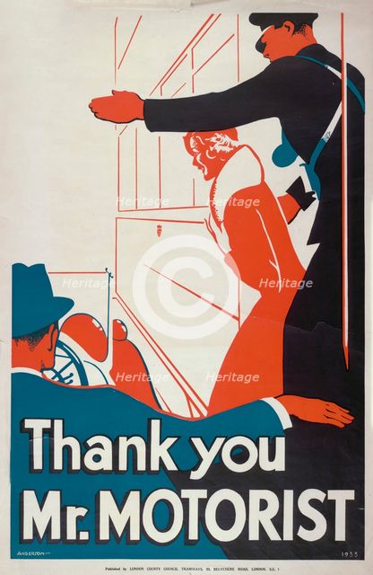 'Thank You Mr Motorist', London County Council (LCC) Tramways poster, 1933. Artist: JS Anderson