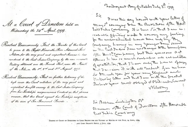'Thanks of Court of Directors to Lord Nelson for his Victory at Mouth of the Nile, 1799, 1890 Creator: Unknown.