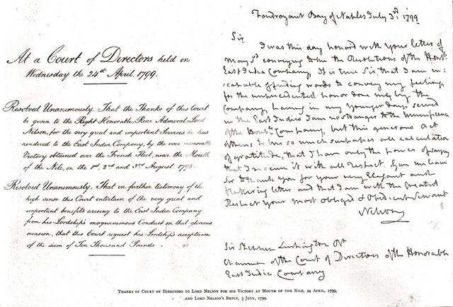 'Thanks of Court of Directors to Lord Nelson for his Victory at Mouth of the Nile, 1799, 1890 Creator: Unknown.