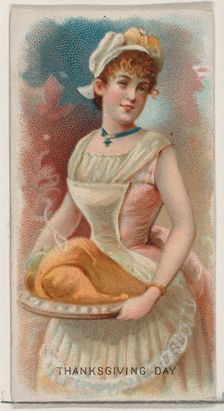 Thanksgiving Day, United States, from the Holidays series (N80) for Duke brand cigarettes,..., 1890. Creator: George S. Harris & Sons