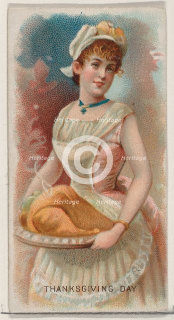 Thanksgiving Day, United States, from the Holidays series (N80) for Duke brand cigarettes,..., 1890. Creator: George S. Harris & Sons.