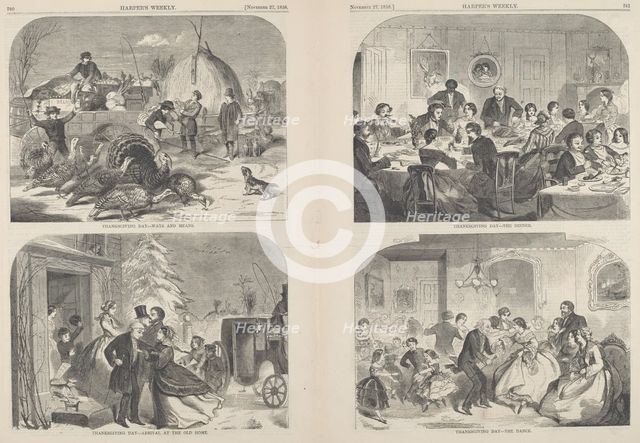 Thanksgiving Day - Ways and Means [upper left], published 1858. Creator: Winslow Homer.