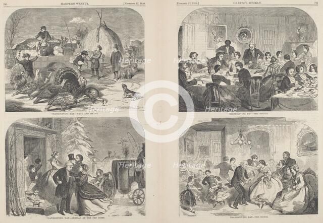 Thanksgiving Day - Ways and Means [upper left], published 1858. Creator: Winslow Homer.