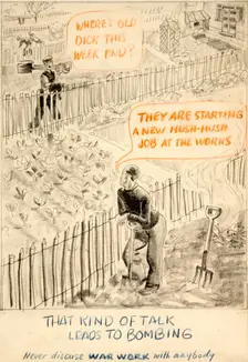 That kind of talk leads to bombing. Never discuss war... WWII poster, between 1939 and 1946. Creators: Central Office of Information, Unknown