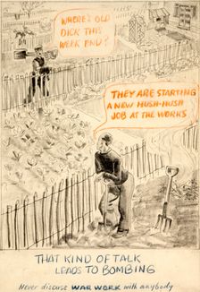 That kind of talk leads to bombing. Never discuss war... WWII poster, between 1939 and 1946. Creators: Central Office of Information, Unknown