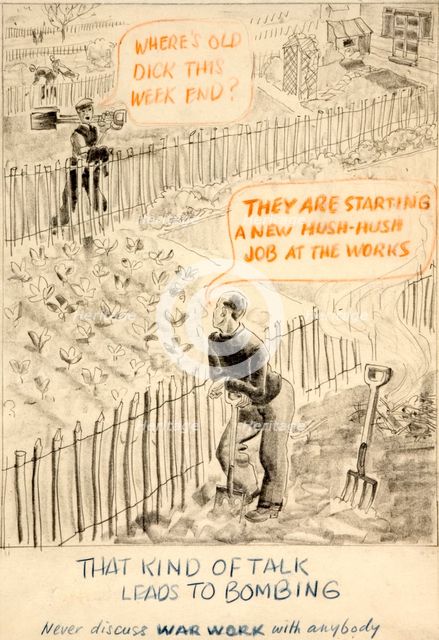 'That kind of talk leads to bombing. Never discuss war...', WWII poster, between 1939 and 1946. Creators: Central Office of Information, Unknown.