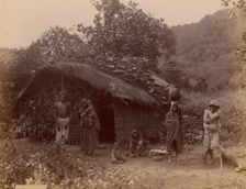 Thatched House, People in Foreground, Telegraph Lines in Background, 1860s-70s. Creator: Unknown