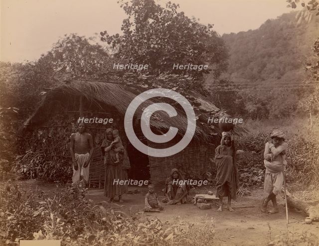Thatched House, People in Foreground, Telegraph Lines in Background, 1860s-70s. Creator: Unknown.