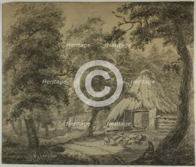 Thatched Hut in Woods with Shepherd and Sheep, n.d. Creator: Anthonie Waterloo.
