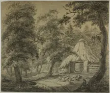 Thatched Hut in Woods with Shepherd and Sheep, n.d. Creator: Anthonie Waterloo