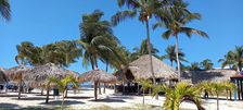 Thatched umbrellas and restaurant at the beach resort of Playa Ancon, south of Trinidad, Cuba, 2024. Creator: Ethel Davies