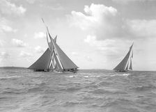 The 15 Metre Hispania Paula II & Mariska racing at Cowes, 1911. Creator: Kirk & Sons of Cowes