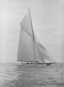 The 15 Metre Istria sailing close-hauled, 1913. Creator: Kirk & Sons of Cowes