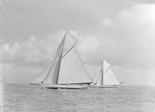 The 15 Metre sailng yachts Thanet and Cestrian race close-hauled, 1922. Creator: Kirk & Sons of Cowes