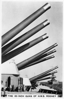 The 16 inch guns of the battleship HMS Rodney 1937