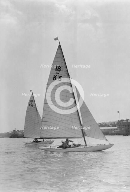 The 18-foot keelboats 'Vanity' (K5) and 'Asphodel' (K4) racing, 1922. Creator: Kirk & Sons of Cowes.