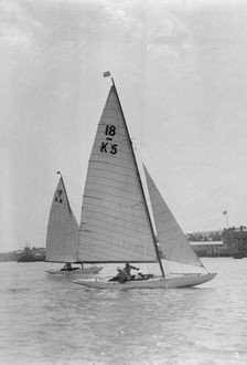 The 18-foot keelboats Vanity (K5) and Asphodel (K4) racing, 1922. Creator: Kirk & Sons of Cowes