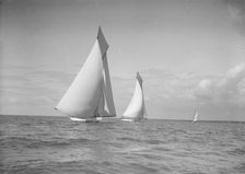 The 19-metre class Mariquita & Corona race downwind under spinnaker, 1911. Creator: Kirk & Sons of Cowes