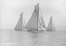 The 19-metre class Norada Wendula & Mariquita racing close-hauled, 1911. Creator: Kirk & Sons of Cowes