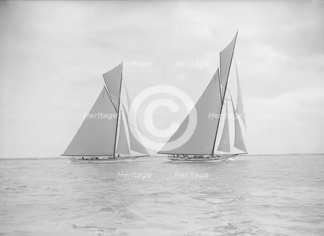 The 19-metre class 'Norada' & 'Mariquita' racing close-hauled, 1913. Creator: Kirk & Sons of Cowes.