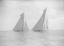The 19-metre class Norada & Mariquita racing close-hauled, 1913. Creator: Kirk & Sons of Cowes