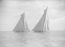The 19-metre class Norada & Mariquita racing close-hauled, 1913. Creator: Kirk & Sons of Cowes