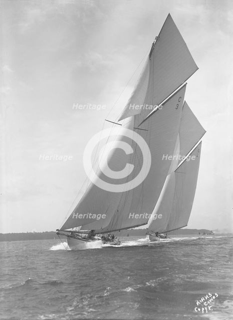 The 19-metre 'Corona' & 'Octavia' racing close-hauled, 1911. Creator: Kirk & Sons of Cowes.