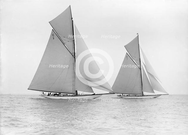 The 19-metre 'Wendula' & 'Mariquita' sail close-hauled, 1913. Creator: Kirk & Sons of Cowes.