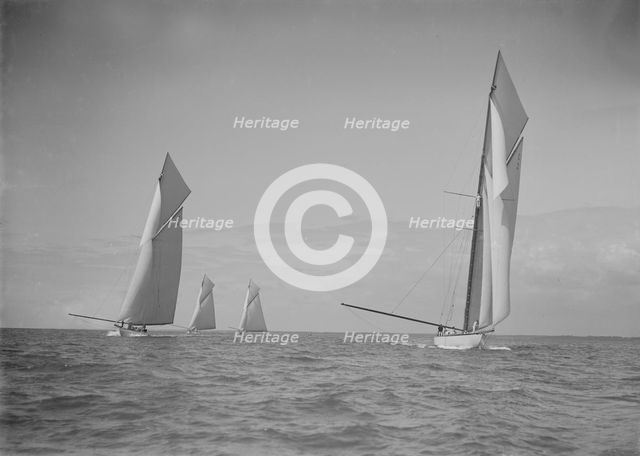 The 19-metres class 'Octavia', 'Norada', 'Corona' & 'Mariquita' racing at Cowes, 1911. Creator: Kirk & Sons of Cowes.