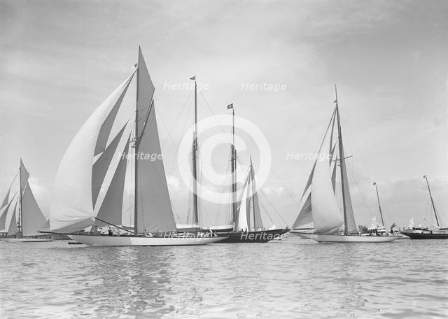 The 19-metres class 'Octavia', 'Norada', 'Corona' & 'Mariquita' racing at Cowes, 1911. Creator: Kirk & Sons of Cowes.