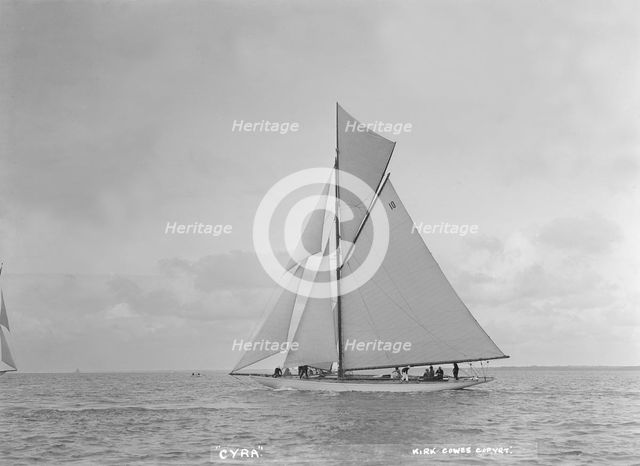 The 12 Metre gaff rigged 'Cyra', 1922. Creator: Kirk & Sons of Cowes.
