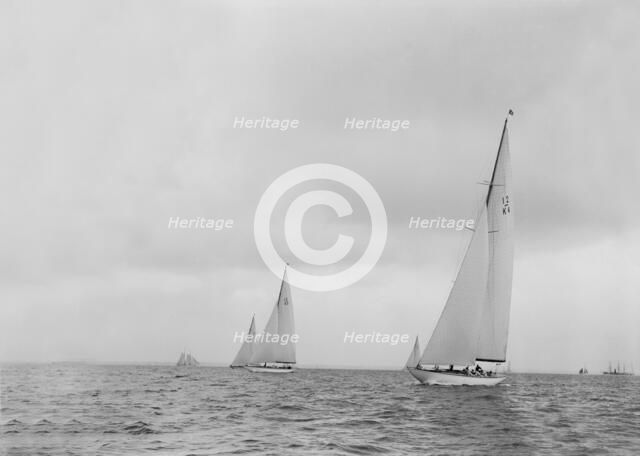 The 12 Metre sailing yacht 'Westra' racing on upwind leg, 1936. Creator: Kirk & Sons of Cowes.