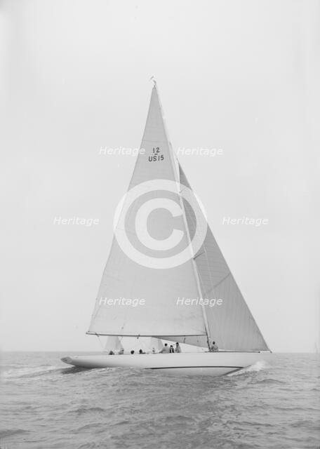 The 12 Metre 'Vim' sailing close-hauled, 1939. Creator: Kirk & Sons of Cowes.
