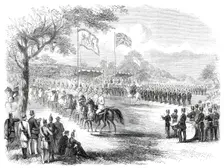 The 1st Lancashire Mounted Rifles and the Artillery Brigade marching past, 1860. Creator: Unknown