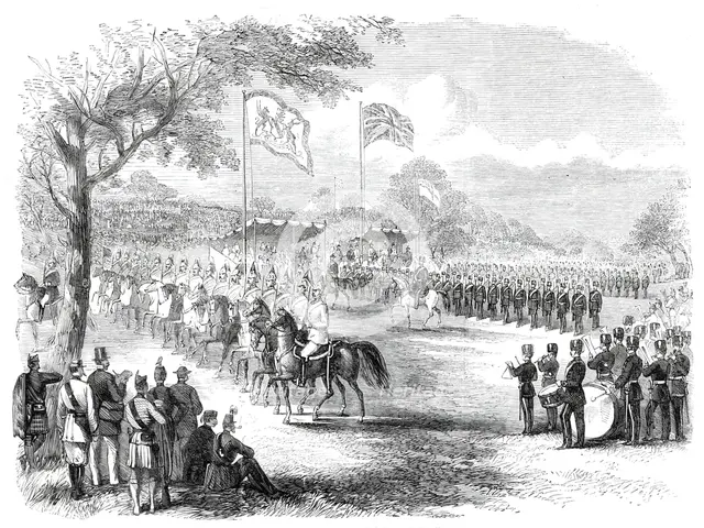 The 1st Lancashire Mounted Rifles and the Artillery Brigade marching past, 1860. Creator: Unknown.