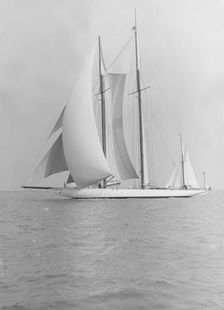 The 380 ton A Class schooner Margherita sailing under spinnaker, 1913. Creator: Kirk & Sons of Cowes