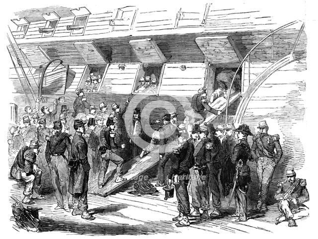 The 48th French Regiment of the Line embarking on board "The St. Vincent" English ship..., 1854. Creator: Unknown.