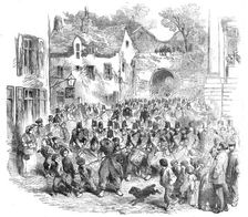 The 5th (French) Regiment of the Line passing through the Porte des Dunes, on their way to..., 1854. Creator: Ebenezer Landells