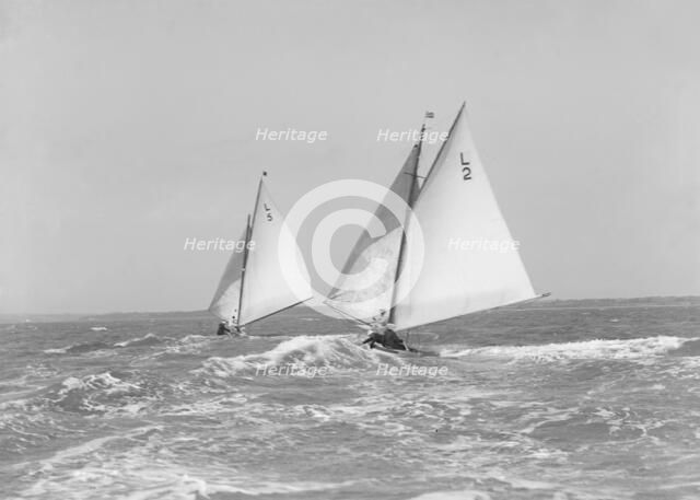 The 6 Metre 'Correnzia' and 'Snowdrop' heading downwind in breezy conditions, 1911. Creator: Kirk & Sons of Cowes.