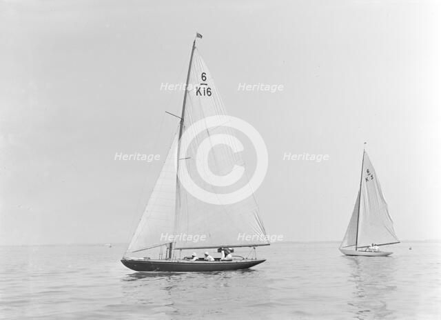 The 6 Metre class 'Jean' and 'Victoria' sailing in light winds, 1922. Creator: Kirk & Sons of Cowes.