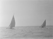 The 6 Metre Class Marion and Victoria racing close-hauled. Creator: Kirk & Sons of Cowes