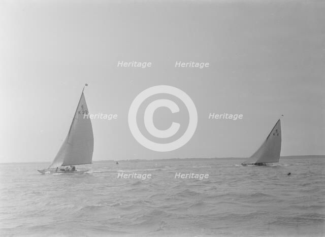 The 6 Metre Class 'Marion' and 'Victoria' racing close-hauled. Creator: Kirk & Sons of Cowes.